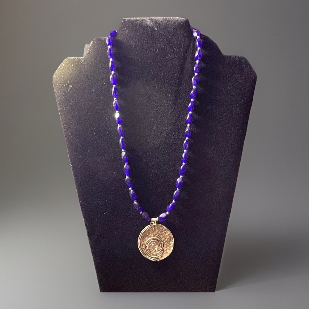 Artisan Blue Glass Bead Necklace Spiral Medallion Pendant Boho Statement‎ Indie